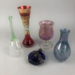 A BLUE GLASS AND WHITE METAL PERFUME BOTTLE AND OTHER COLOURED GLASS ITEMS