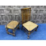 A 20TH CENTURY SATIN WOOD AND WICKER CHILD'S CHAIR AND AN OAK STOOL