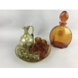 A COLOURED GLASS DECANTER AND SIX SHOT GLASS SET AND OTHER GLASS ITEMS