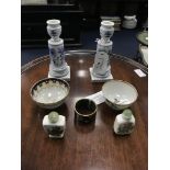 A PAIR OF GERMAN BLUE AND WHITE CANDLESTICKS AND OTHER ITEMS