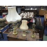 A LOT OF THREE BRASS TABLE LAMPS