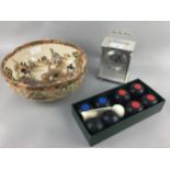 A SET OF MINIATURE CARPET BOWLS, A CARRIAGE CLOCK AND A BOWL