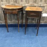 A MAHOGANY DEMI LUNE SIDE TABLE, STAINED WOOD SEWING TABLE AND A CHAIR