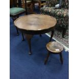 A WALNUT TABLE ALONG WITH A MILKING STOOL