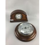 AN EARLY 20TH CENTURY INLAID MANTEL CLOCK, A BAROMETER AND TWO PAIRS OF BOOKENDS