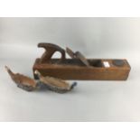 A VINTAGE SANDING PLANE ALONG WITH A TYPEWRITER AND OTHER ITEMS