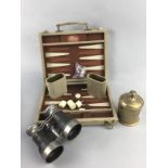 A PAIR OF FIELD GLASSES, BACKGAMMON SET AND OTHER ITEMS