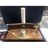 AN OAK DESK SET WITH RANGERS FOOTBALL CLUB PLAQUE