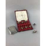 A SET OF SIX SILVER AND ENAMEL SPOONS AND A CIGARETTE CASE