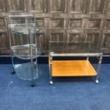 A GLASS AND METAL TROLLEY AND AN OCCASIONAL TABLE