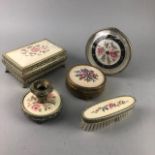 A METAL AND FLORAL NEEDLEWORK DRESSING TABLE SET
