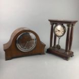 A REPRODUCTION FOUR PILLAR MANTEL CLOCK, ANOTHER AND A CADDY