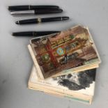 THREE PARKER FOUNTAIN PENS, ANOTHER AND GROUP OF SOUVENIR SPOONS AND POSTCARDS