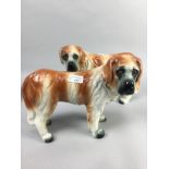 A PAIR OF STAFFORDSHIRE DOGS, A CERAMIC MEAT DISH AND A PIN TRAY