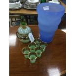 AN ART DECO BELGIAN GLASS DECANTER AND SIX GLASSES AND A VASE