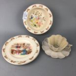 A BELLEEK CUP AND SAUCER, BUNNYKINS PLATES AND A BOWL