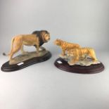 A COUNTRY ARTISTS MODEL OF A LION AND A SNOW TIGER MODEL