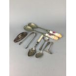 A PAIR OF GEORGE III BRIGHT CUT SILVER SUGAR TONGS AND OTHER ITEMS