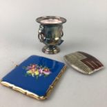 AN ART DECO COMPACT, CIGARETTE CASE AND MINIATURE URN