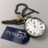 A SILVER POCKET WATCH WITH FOB CHAIN