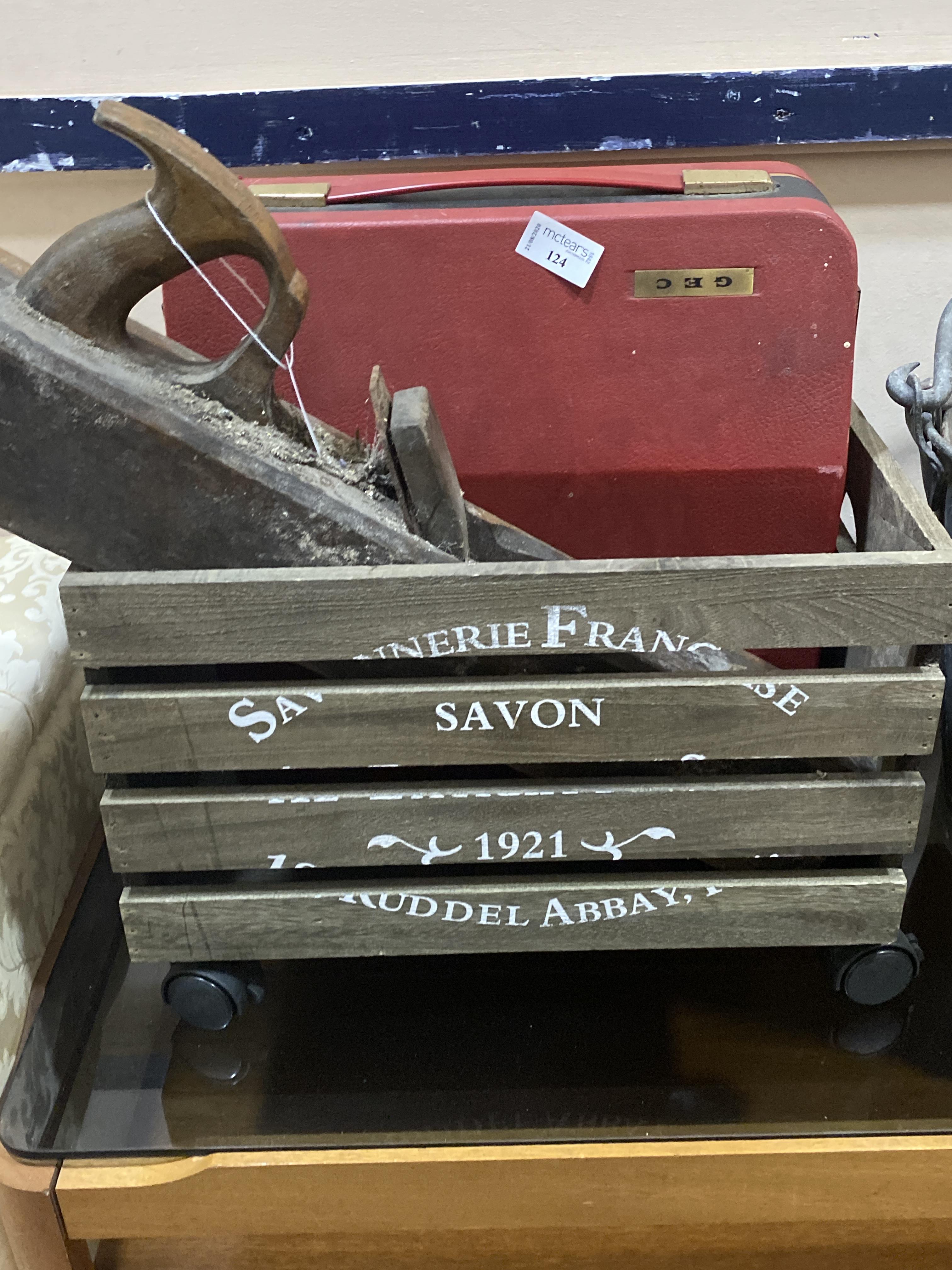 A VINTAGE TYPEWRITER, WOOD PLANE, WOODEN CRATE AND BUCKETS