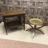 A MAHOGANY TURNOVER CARD TABLE, A BRASS FOLDING TABLE AND A MAHOGANY COFFEE TABLE