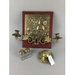 A PAIR OF BRASS WALL SCONCES ALONG WITH OTHER BRASS WARE