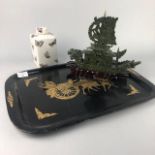 A CHINESE LACQUERED TEA TRAY, TEA CADDY AND A MODEL BOAT