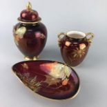 A CARLTON WARE ROUGE ROYALE LIDDED VASE, ANOTHER VASE AND A COMPORT