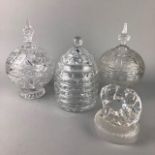A PAIR OF CRYSTAL LIDDED JARS AND OTHER GLASS ITEMS