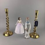 A PAIR OF BRASS CANDLESTICKS AND CERAMIC FIGURES