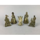 A LOT OF TWO VICTORIAN BRASS TABLE BELLS ALONG WITH PEWTER TANKARDS