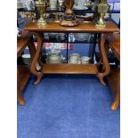 A PAIR OF TWO TIER OCCASIONAL TABLES AND A HALL TABLE