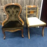 A REPRODUCTION VICTORIAN STYLE GOSSIP CHAIR AND A MAHOGANY SINGLE CHAIR