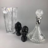 A BOHEMIA CRYSTAL VASE, DECANTER AND TWO TRIBAL HEADS