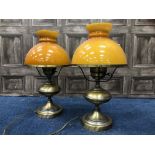 A PAIR OF SATIN BRASS ELECTRIC TABLE LAMPS