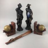 A PAIR OF BOOKENDS, TWO FIGURES AND A SHOE HORN