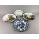 A ROYAL CROWN DERBY HAND PAINTED BOWL ALONG WITH PLATES AND SERVING DISHES