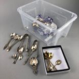 A SILVER BOWLED SIFTING SPOON AND OTHER SILVER PLATED ITEMS