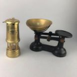 A LOT OF BRASS ITEMS INCLUDING THREE LAMPS & LIMELIGHT COMPANY LAMPS