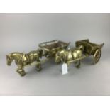 A LOT OF BRASS MODELS OF TWO HORSE DRAWN CARTS AND TWO OTHERS