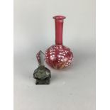 AN ART DECO PERFUME BOTTLE AND STOPPER ALONG WITH OTHER GLASS WARE