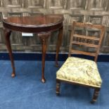 A MAHOGANY D SHAPED HALL TABLE, MODERN MIRROR AND A SINGLE CHAIR