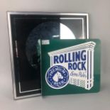 A ROLLING ROCK ALE ENAMEL SIGN ALONG WITH A MIRROR