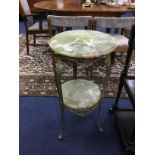 AN ONYX AND BRASS TWO TIER OCCASIONAL TABLE AND A MAHOGANY TABLE