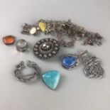 A LOT OF SILVER AND OTHER JEWELLERY INCLUDING A CHARM BRACELET