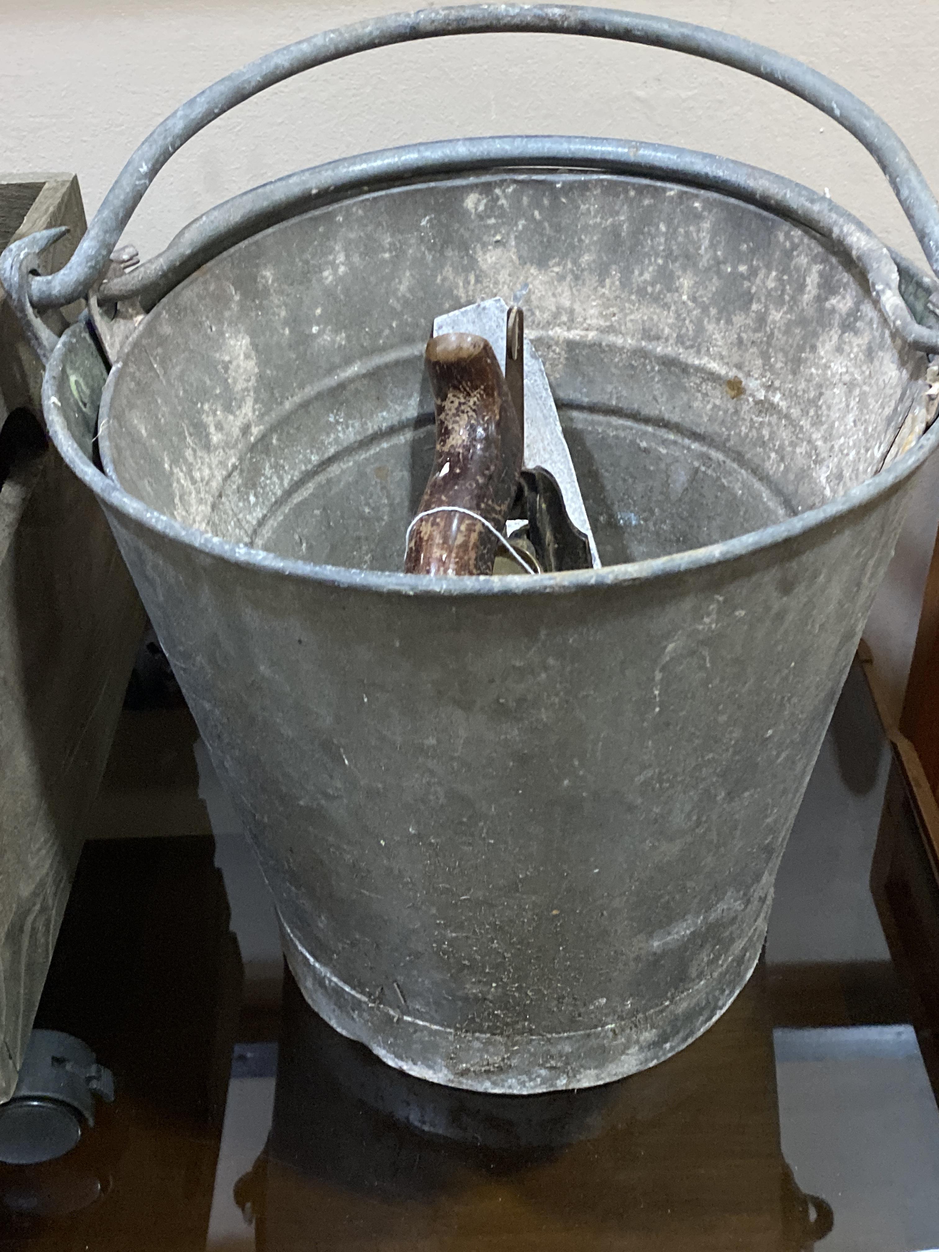 A VINTAGE TYPEWRITER, WOOD PLANE, WOODEN CRATE AND BUCKETS - Image 2 of 2