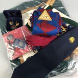 A MASONIC GREEN GRAND MASTER'S APRON ALONG WITH OTHER MASONIC ITEMS