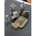 A PAIR OF ART NOUVEAU SILVER PEPPER POTS, CHINESE SILVER RICKSHAW AND OTHER ITEMS