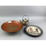 A BRASS BOWL, TWO WALL HANGINGS AND CARVED WOOD